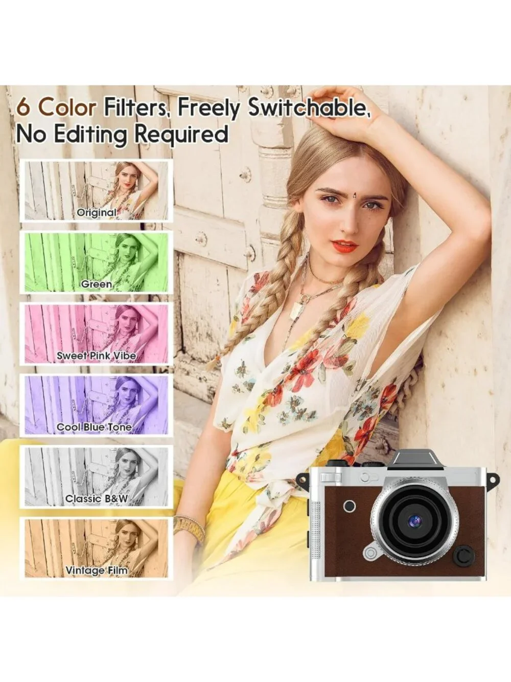 Retro Mini Digital Keychain Camera, 2K HD Resolution, 16GB Storage, Brown